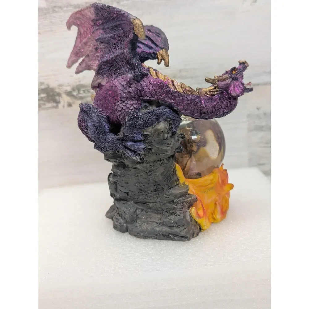 Purple Dragon Wizard Crystal Ball Resin Figurine Statue Fantasy Flames Glitter‎